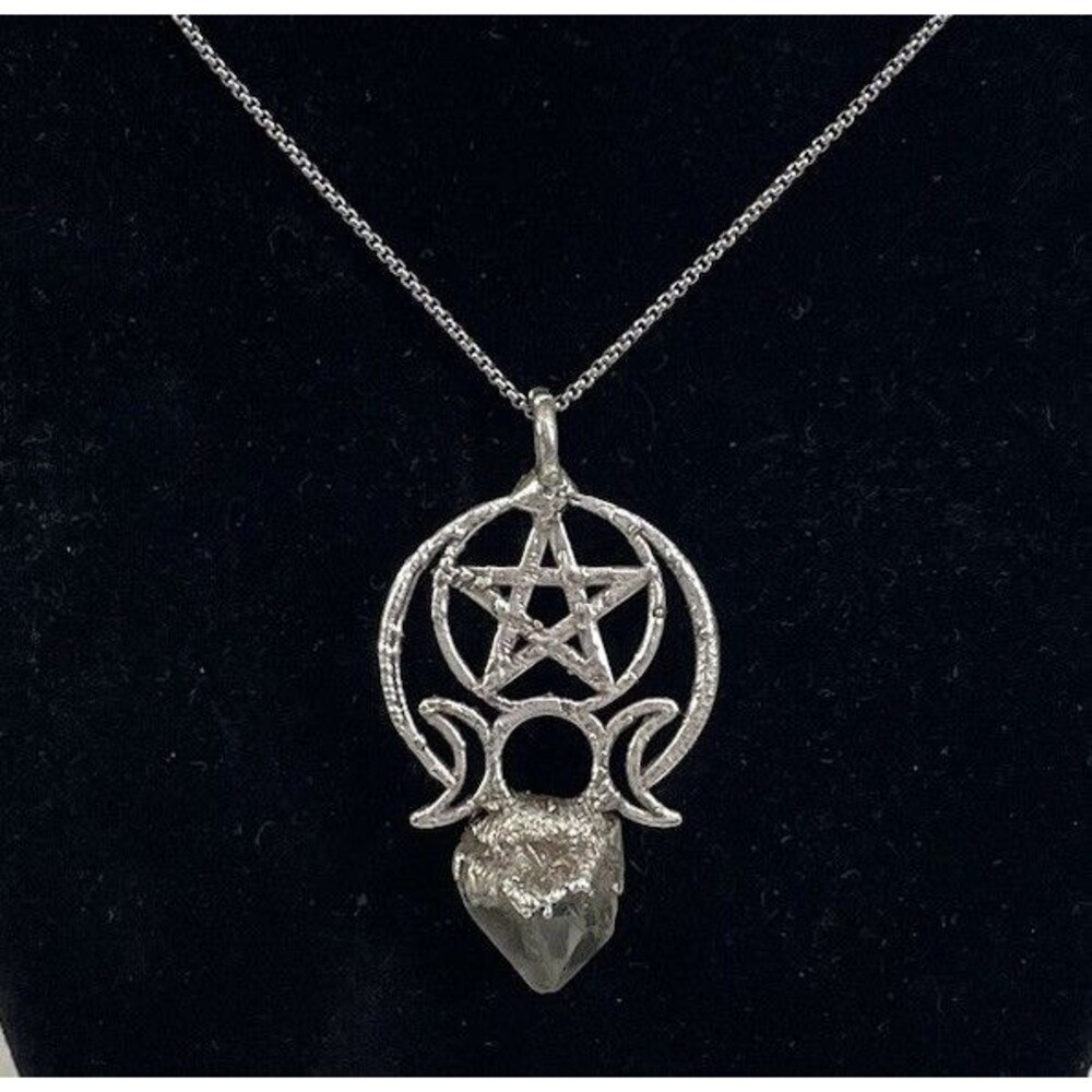 Crystal  Pendulum with Pentacle and Crescent Moon Design Silver Tone Rustic